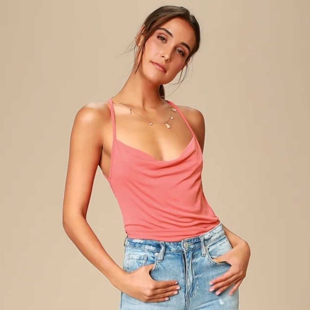 Lulu's Pink Cowl Neck Cotton Tank Top, Size S